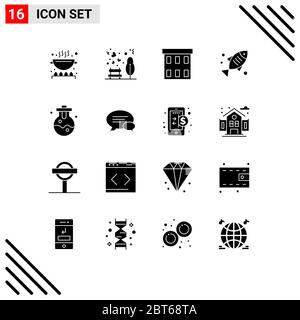 16 Universal Solid Glyph Zeichen Symbole für Chemikalien, Lebensmittel, Gebäude, Fisch, Büro editierbar Vektor Design-Elemente Stock Vektor