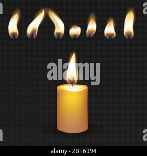 Realistisches 3d detailliertes Brennkerze und Flamme Set auf transparentem Hintergrund. Stock Vektor