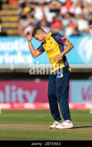 Jamie Porter von Essex Eagles feiert die Einnahme eines Wickets gegen Derbyshire Falcons in der Vitality Blast Finaltag 21 September 2019 Stockfoto