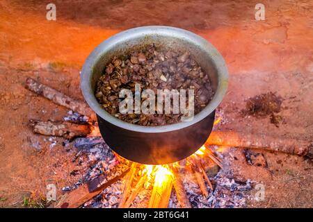 Kochen Fleisch Curry.Mutton Curry Kochen im Dorf.Fried Mutton Stockfoto