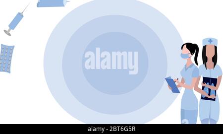 Vector medizinische Visitenkarte. Gestaltung von Postkarten und Bannern. Medizinische Mitarbeiter, ein Arzt und eine Krankenschwester halten Dokumentation und Röntgenaufnahmen in ihren Händen. Stock Vektor