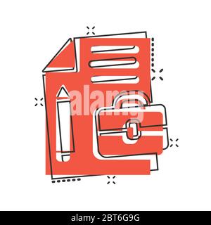Dokumentnotiz mit Stiftsymbol im Comic-Stil. Papier Blatt Bleistift und Aktentasche Cartoon Vektor-Illustration auf weißem Hintergrund. Notizblock Dokument Splash Stock Vektor