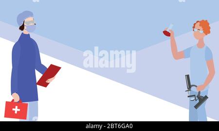 Vector medizinische Visitenkarte. Gestaltung von Postkarten und Bannern. Der Arzt und Laborant arbeiten mit einem Mikroskop und Dokumenten an dem Impfstoff Stock Vektor