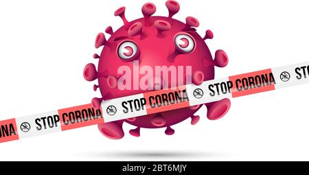 Lila roten Virus hinter rot-weißen Barrierestreifen mit Aufdruck - Stop Corona Stock Vektor