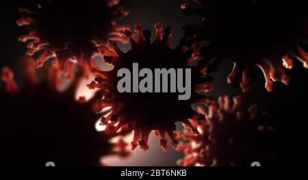 Eine mikroskopische Nahaufnahme von hintergrundbeleuchteten Coronavirus-Partikeln mit glühenden roten Rändern - 3D-Rendering Stockfoto