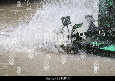 Turbinenrad für die Belüftung von Wasserquellen mit Sauerstoff-Symbol. Sauerstoff ins Wasser geben. Stockfoto