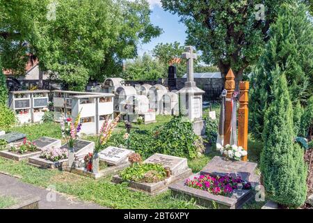 Kolumbarium mit Blumen auf einem ungarischen Friedhof Stockfoto