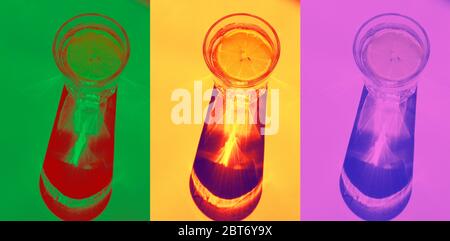 Drei mehrfarbige Fotos Glas Wasser mit Zitronenscheiben mit Sonnenlicht und tiefen Schatten, Sommer Limonade, Ice Drink, heiße Temperatur. Fotocollage Stockfoto