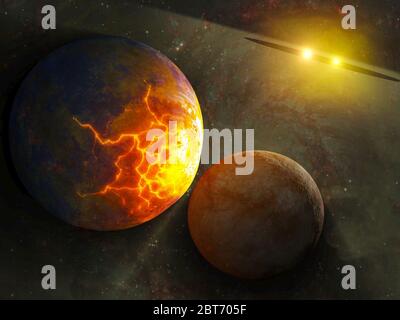 Kollision von Planeten im Weltraum. Elemente dieses Bildes, die von der NASA bereitgestellt wurden. 3D-Grafik-Illustration. Stockfoto