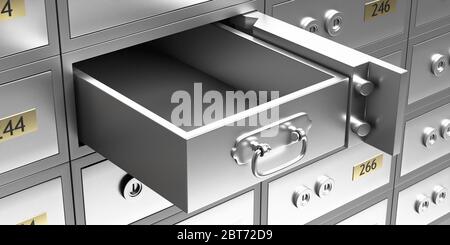 Safe in der Nähe. Öffnen Sie entriegeln Metall Bankschrank und leere Schublade, Wertsachen und Schmuck Aufbewahrungskonzept. 3d-Darstellung Stockfoto