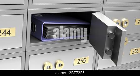 Safe in der Nähe. Büroringbinder in einem offenen Bankschrank aus Metall. Konzept für vertrauliche Geschäftsdateien. 3d-Darstellung Stockfoto