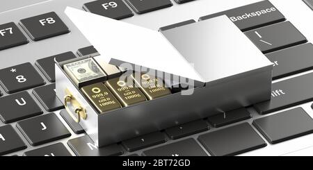 Safe Schublade offen mit Geldscheinen und Gold auf Computer Laptop Hintergrund. Online-Banking, Internet-Sicherheitskonzept. 3d-Darstellung Stockfoto