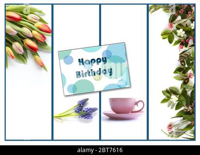 Collage von schönen Fotos von Sommerfrühlingsblumen und Tasse Tee auf weißem Hintergrund mit Happy Birthday Zeichen auf Karte. Flach liegend. Muttertag, Grüße, Valentinstag, Einladung, Feier, Jubiläumskarte. Frühling Sommer florale Grenze mit Kopierer Platz Stockfoto