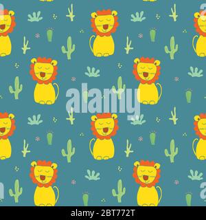 Cute Lion Seamless Pattern, Cartoon Hand Drawn Animal Doodles Vector Illustration Background . Stock Vektor