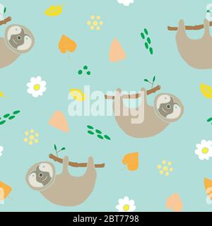 Niedliche Sloth Nahtloses Muster, Cartoon Hand Gezeichnet Tier Doodles Vektor Illustration Hintergrund . Stock Vektor