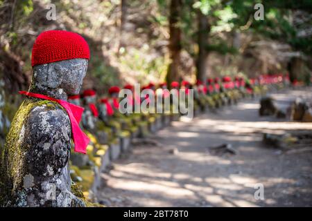 Berühmte Steinfelsen-Iser-Statuen Reihen sich in Kanmangafuchi Abyss, Nikko, Tochigi in Japan mit roten Hüten und Lätzchen, die die Toten schützen Stockfoto