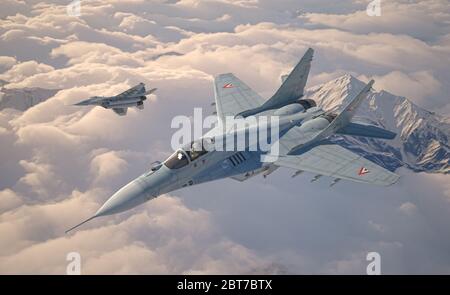 Militärjäger MiG 29, fliegen über den Wolken. Zwei Flugzeuge. 3d-Darstellung. Stockfoto
