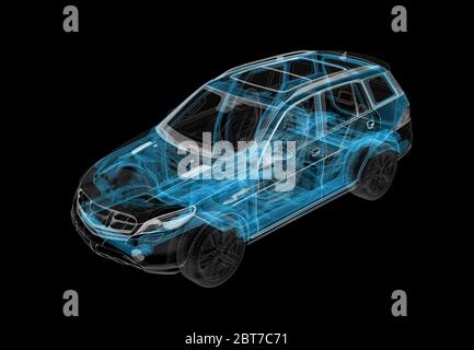 Technische 3d-Darstellung von SUV-Auto mit Röntgeneffekt und Fahrwerk-System. Perspektivische Ansicht auf schwarzem Hintergrund. Stockfoto
