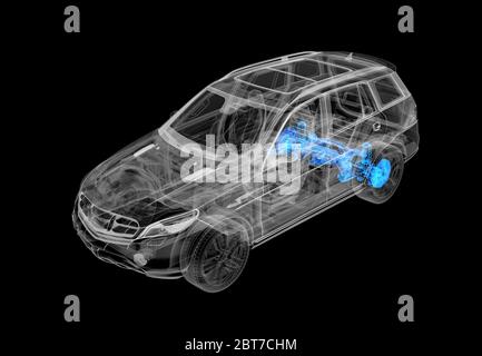 Technische 3d-Darstellung von SUV-Auto mit Röntgeneffekt. Hinterradbremsen und -Aufhängungssysteme. Perspektivische Ansicht auf schwarzem Hintergrund. Stockfoto