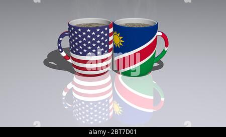 Die Beziehungen zwischen den Vereinigten Staaten von Amerika und Namibia werden durch nationale Flaggen über Kaffeetassen auf dem Spiegelboden als redaktionelle und. 3D-Darstellung Stockfoto