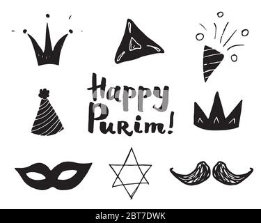 Purim handgezeichnete Symbole gesetzt. Traditionelle jüdische Feiertag doodles Elemente. vektor-Illustration isoliert auf weißem Hintergrund Stock Vektor