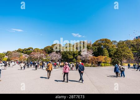 Tokio, Japan - 1. April 2019: Menschenmenge Kaiserpalast Nationalpark mit Touristen zu Fuß Weitwinkel Blick an sonnigen Tag Stockfoto