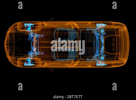 Technische 3d-Darstellung von SUV-Auto mit Röntgeneffekt. Bremsen und Federungssysteme. Draufsicht auf schwarzem Hintergrund. Stockfoto