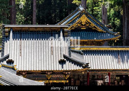 Nikko, Japan - 5. April 2019: Toshogu-Tempel Schrein Dach Architektur abstrakte Ansicht in Tochigi Präfektur während des Frühlings und Bäume im Wald Stockfoto