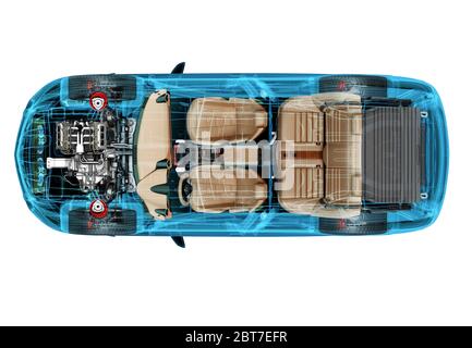 Technische 3d-Darstellung von SUV-Auto mit Röntgeneffekt. Draufsicht. Motor, Räder und Innenräume. Auf weißem Hintergrund. Stockfoto