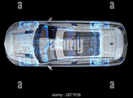 Technische 3d-Darstellung von SUV-Auto mit Röntgeneffekt. Draufsicht auf schwarzem Hintergrund. Stockfoto