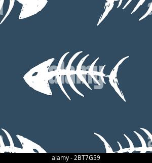 Fischknochen Nahtloses Muster. Fisch Skelett Doodle, Hand gezeichnet Cartoon Vektor Illustration. Stock Vektor