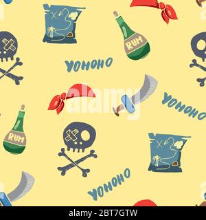 Piraten Doodles Nahtloses Muster. Niedliche Piraten Artikel Skizze. Handgezeichnete Cartoon Vektor-Illustration. Stock Vektor