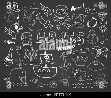 Set Mit Piratenkritzeleien. Niedliche Piraten Artikel Skizze Kollektion. Handgezeichnete Cartoon Vektor-Illustration auf Tafel Hintergrund. Stock Vektor