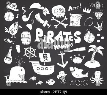 Set Mit Piratenkritzeleien. Niedliche Piraten Artikel Skizze Kollektion. Handgezeichnete Cartoon Vektor-Illustration auf Tafel Hintergrund. Stock Vektor
