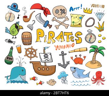 Set Mit Piratenkritzeleien. Niedliche Piraten Artikel Skizze Kollektion. Handgezeichnete Cartoon Vektor-Illustration. Stock Vektor
