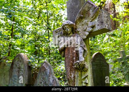 Kreuz mit Trauerengel-Skulptur auf dem Abney Park Cemetery, London, Großbritannien Stockfoto