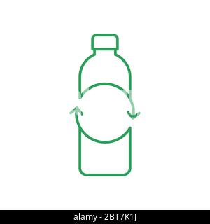 Schild für Recycling-Kunststoffflaschen. Leere Flasche mit Kreispfeilen. Symbol für dünne Linie. Grüne Umrandung auf weißem Hintergrund. Bewusstsein für Kunststoffverschmutzung. Vektor Stock Vektor