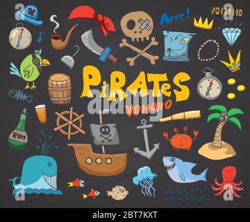 Set Mit Piratenkritzeleien. Niedliche Piraten Artikel Skizze Kollektion. Handgezeichnete Cartoon Vektor-Illustration auf Tafel Hintergrund. Stock Vektor