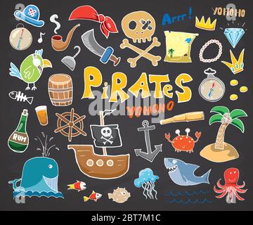 Set Mit Piratenkritzeleien. Niedliche Piraten Artikel Skizze Kollektion. Handgezeichnete Cartoon Vektor-Illustration auf Tafel Hintergrund. Stock Vektor