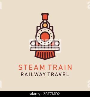 Flaches Bild des Retro-Dampfzugs. Logo der Lokomotive. Vektorbild der Eisenbahn Stock Vektor