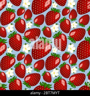 Quadratische Zeichnung, Illustration - rote reife köstliche Beeren Garten Erdbeeren oder Erdbeeren und weiße Blumen liegen auf einem blauen Hintergrund. Nahtlose Textur, Muster - Website, Blog, Textilien. Verpackung, Hintergrund Stock Vektor
