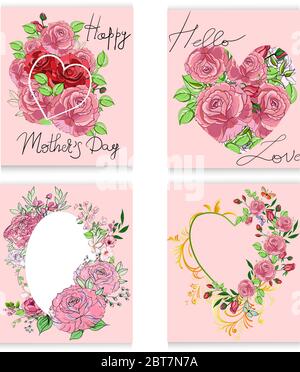 Set von vier Postkarten mit Blumen im provance Stil als Herz und Herz Rahmen mit Rose und Schmetterling im Vintage-Stil gemacht. Stock Vektor