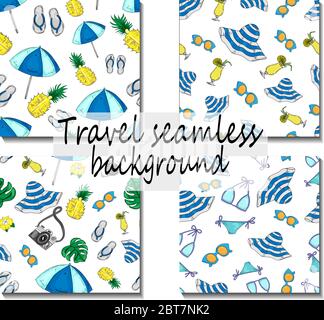 Sea Urlaub nahtlose Muster mit Meer Accessoires reisen. Urlaub am Strand Konzept. Vektorgrafik. Stock Vektor