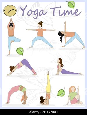 Yoga für Frauen. Vektor-Illustration von schönen Cartoon Frau in verschiedenen Posen des Yoga. Stock Vektor