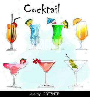 Sammlung von Alkohol-Cocktails und anderen Getränken. Stock Vektor