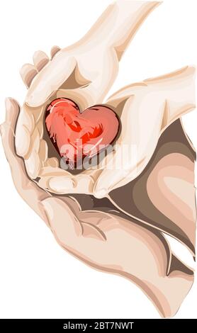 Zeichnung Erwachsene und Kinder Hände halten rotes Herz, Gesundheitsversorgung, Spenden und Familie Versicherung Konzept, Welt Herz Tag, Welt Gesundheit Tag, CSR Konzept Stock Vektor