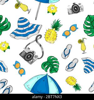 Urlaub am Meer nahtloses Muster. Sonnenbaden Aktivität Strände Elemente und Zubehör. Marine Urlaub und Freizeit Symbole. Stock Vektor