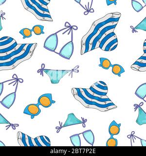 Urlaub am Meer nahtloses Muster. Sonnenbaden Aktivität Strände Elemente und Zubehör. Marine Urlaub und Freizeit Symbole. Stock Vektor