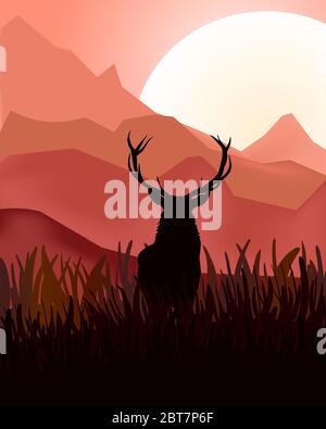 Animierte Regenhirsche in wilder Naturlandschaft bei Sonnenuntergang. Schöner Sonnenuntergang Hintergrund mit Hirsch Silhouette. Vektorgrafik Stock Vektor