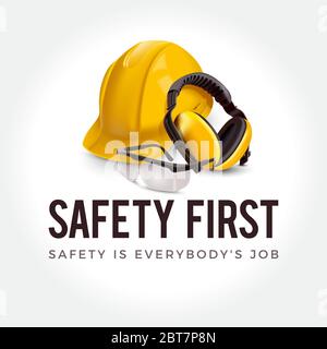 Warnschild - Konzept „Sicherheit zuerst“. Gelber Helm, Kopfhörer und Schutzbrille. Stock Vektor